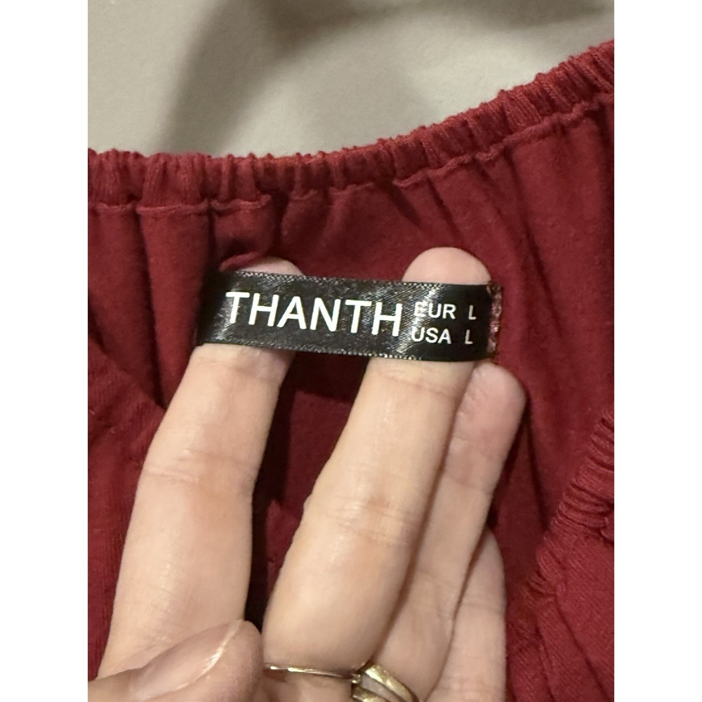 THANTH Burgundy Off Shoulder Ruffle Knit Maxi Dress Women's Size L Romantic Goth - Picture 4 of 9